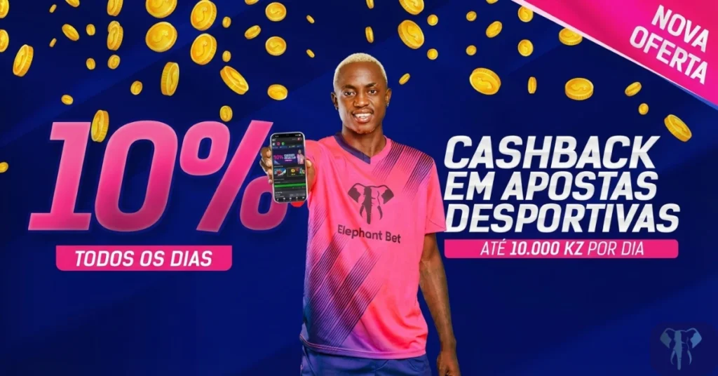 Promoção de cashback em apostas desportivas com 10% de dinheiro de volta em aposta gratuita na Elephantbet Angola